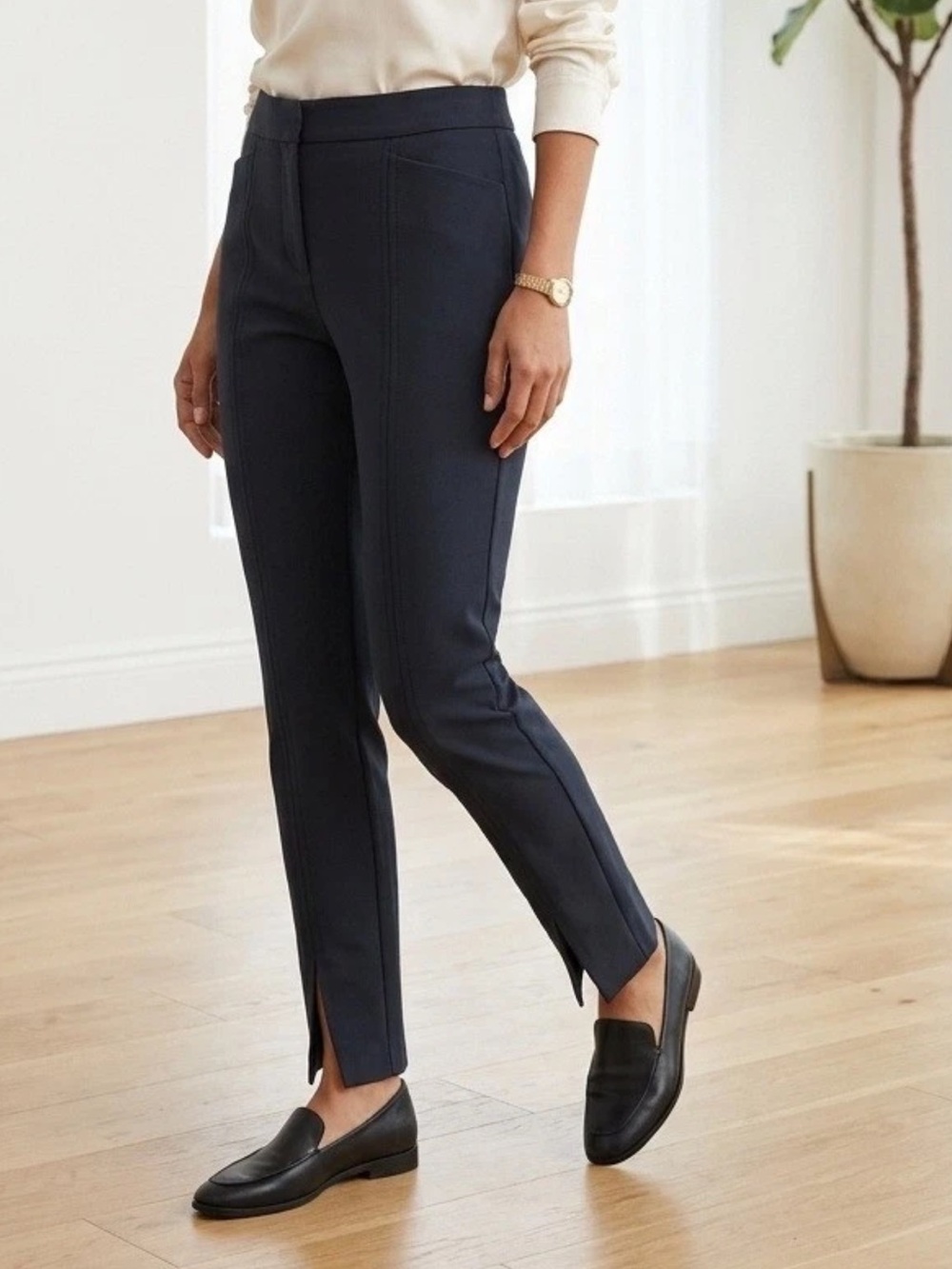 NEW Lafayette 148 Navy Wool Blend Dress Pant Front Slit Business Casual Career